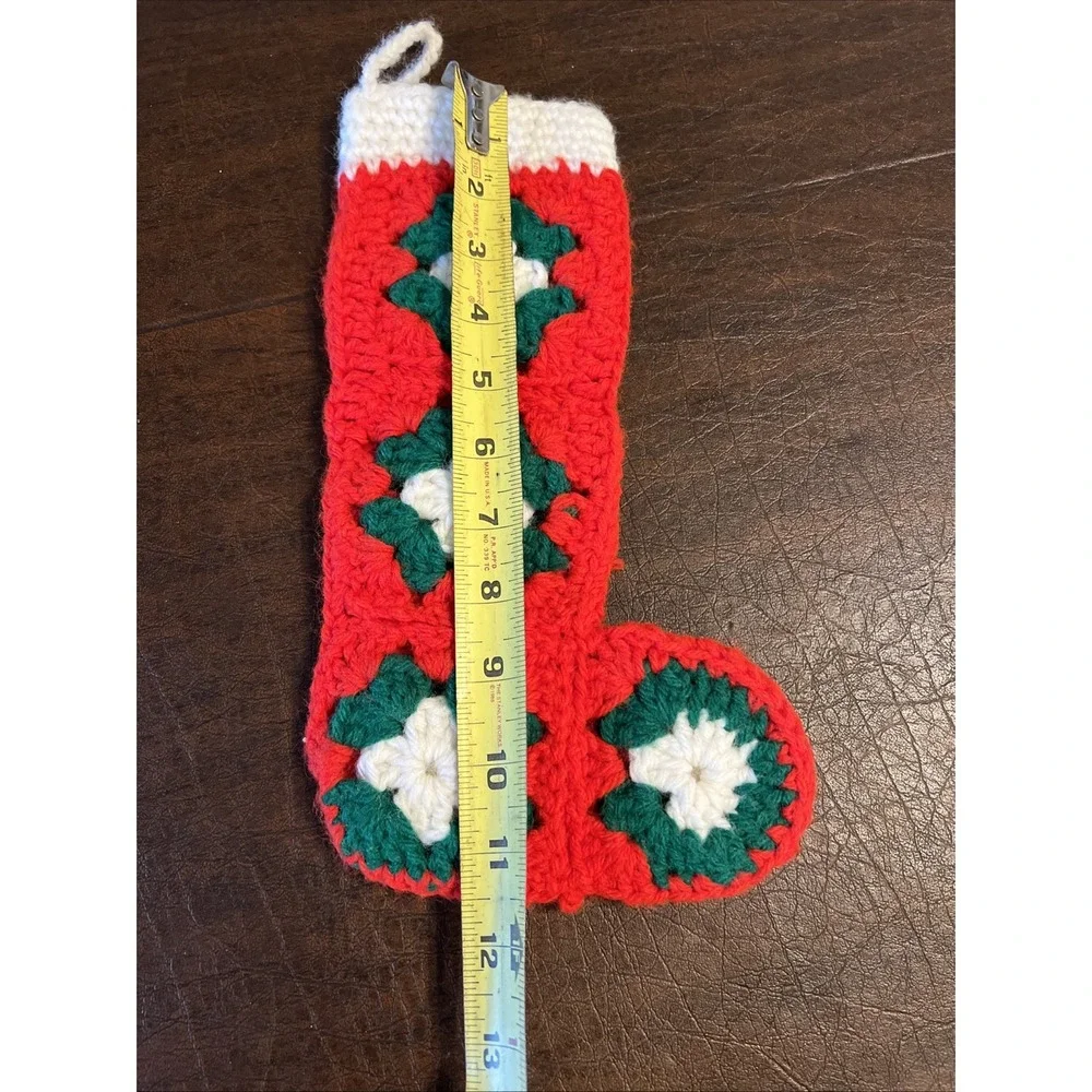 Granny Square Xmas Stocking Red Green White Handmade Crocheted Crochet Hand Vtg